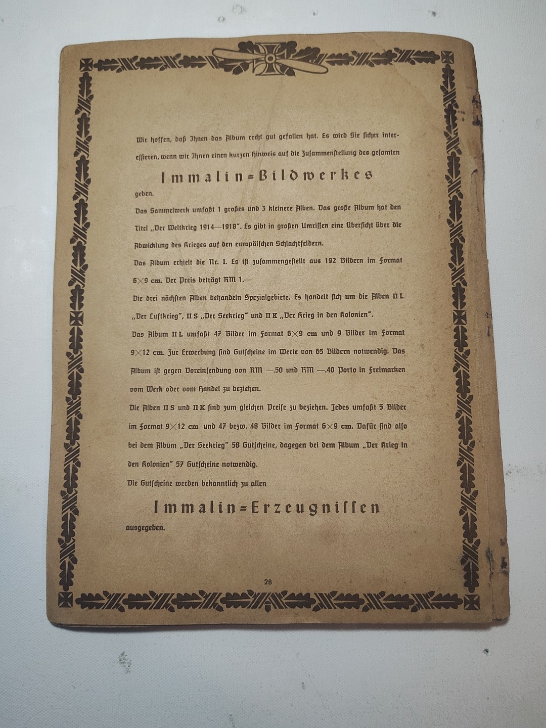 Rare Der Weltkrieg 1914/18: Der Luftkrieg" Air War WW1 German Immalin-Werke GmbH