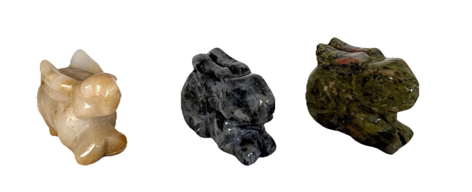 2” Crystal Bunny Rabbits Carvings Calcite, Larvakite, Unikite