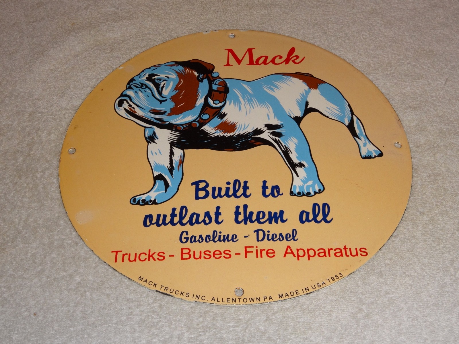 VINTAGE MACK🐶TRUCKS BUSES GASOLINE DIESEL 11 3/4" PORCELAIN METAL OIL DOG SIGN