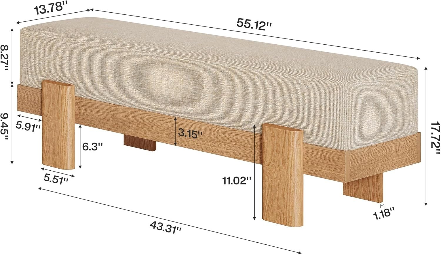 55-Inch Upholstered Entryway Bench, Modern Shoe Bench with Fabric Padded Seat