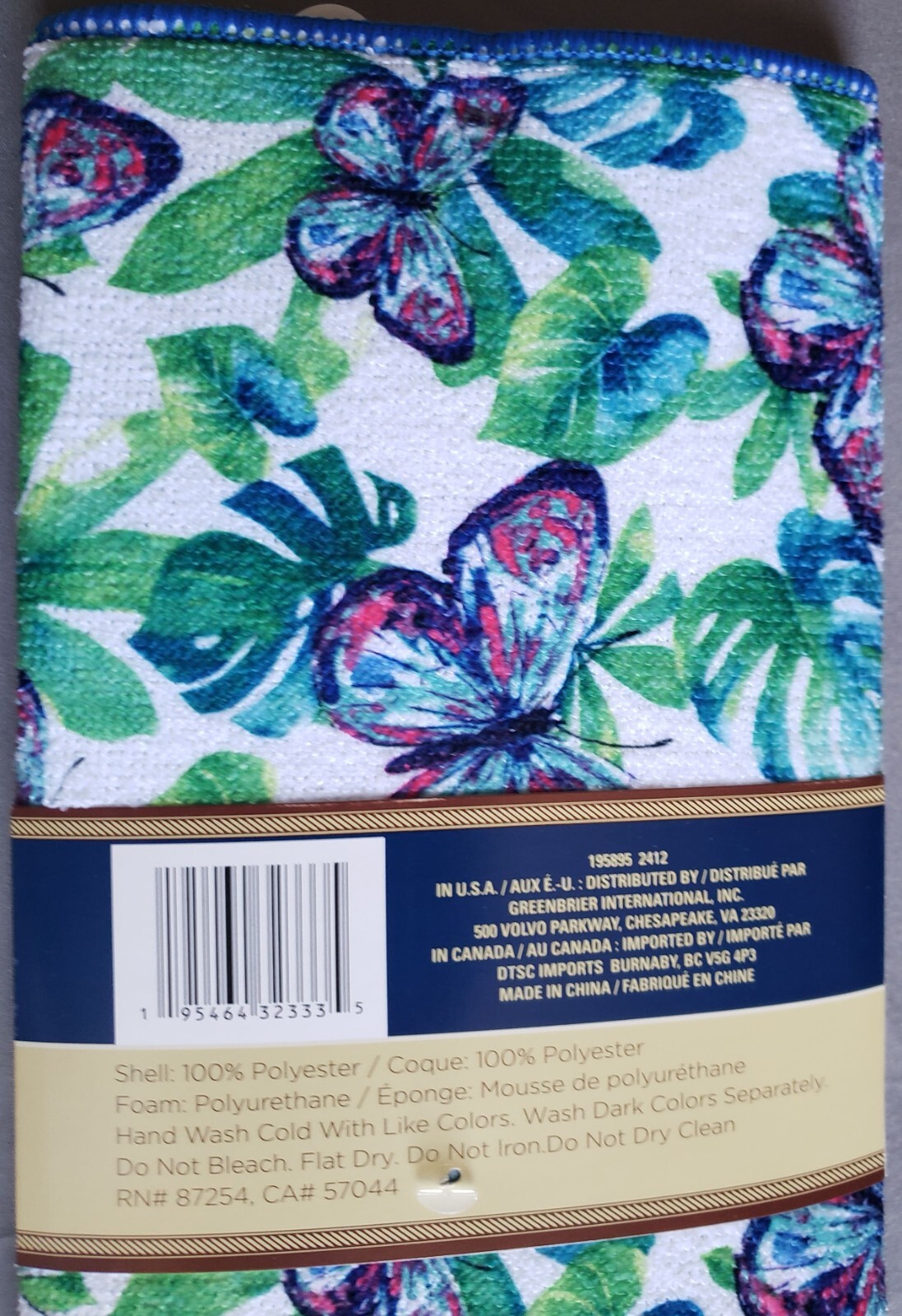 Microfiber Dish Drying Mat (12"x18") BUTTERFLIES & TROPICAL LEAVES, blue back,GR