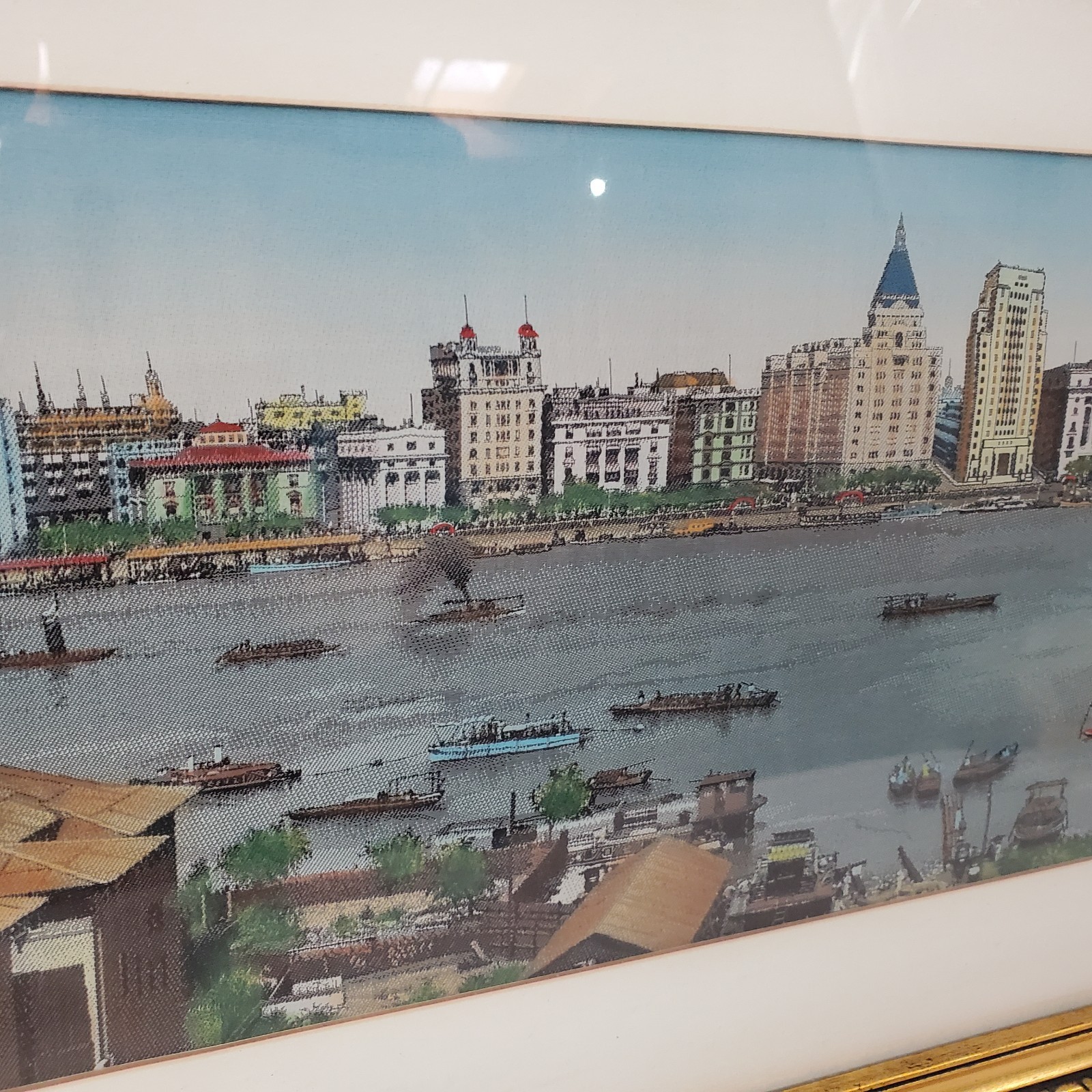 Vintage Shanghai The Bund Silk Woven Panorama Framed Historical Waterfront Art