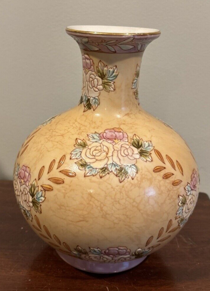 Chinese Porcelain 8" Vase Beige Pastel Embossed Flowers Leaves Pink Peach Blue.