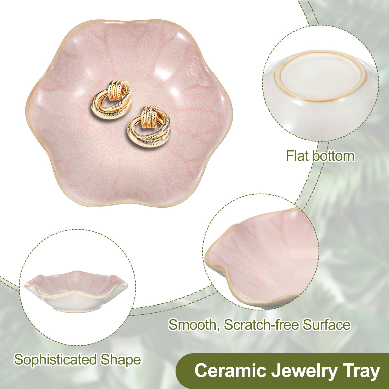 2Pcs Ceramics Jewelry Plate, Lotus Shape Small Ring Tray Key Holder Bowl, Pink