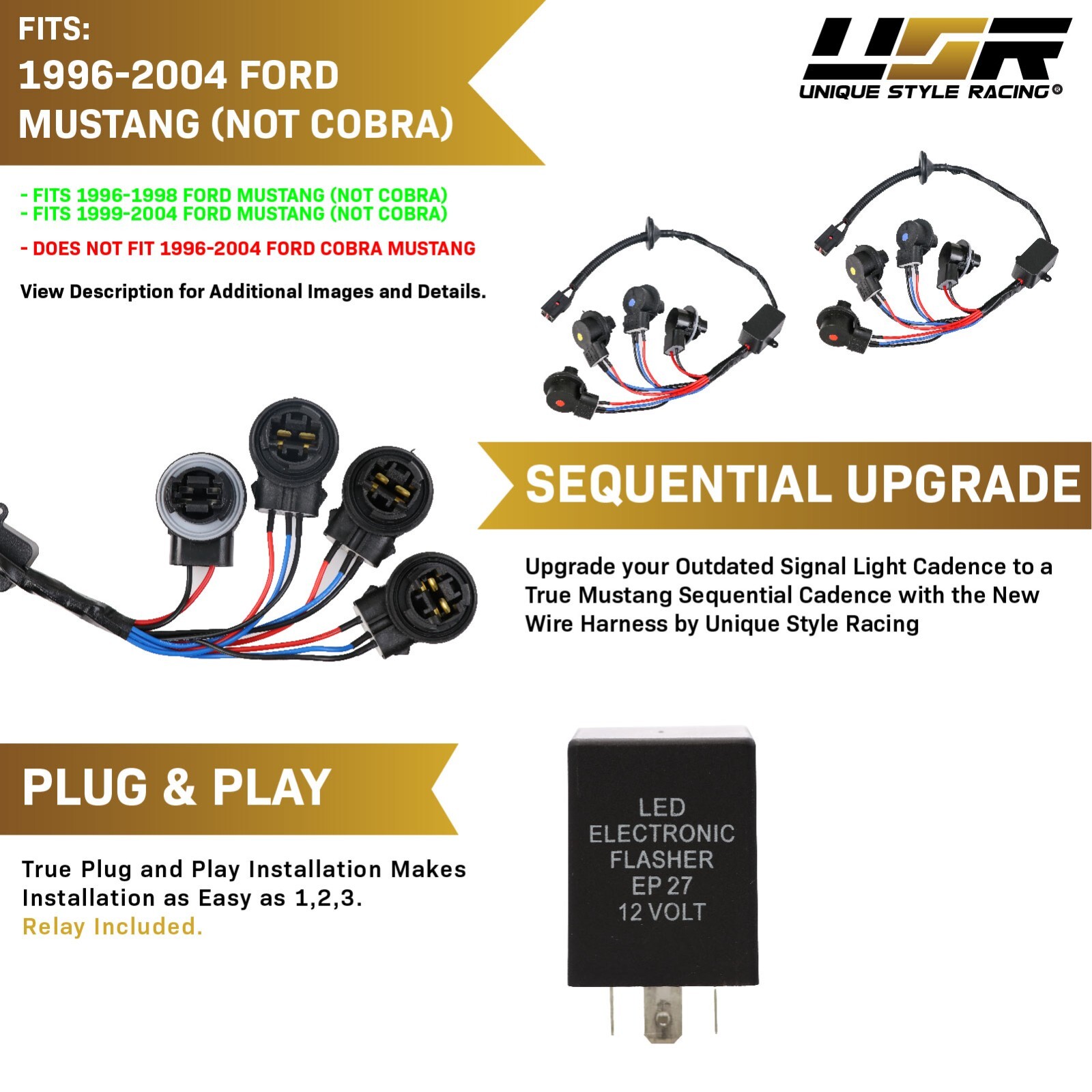 Plug&Play Tail Brake Light Harness +Flasher SEQUENTIAL SIGNAL For 96-04 Mustang