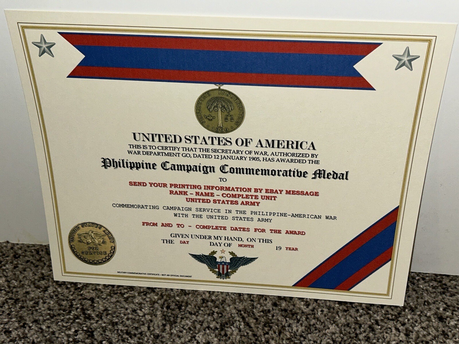 PHILIPPINE CAMPAIGN (ARMY) COMMEMORATIVE MEDAL CERTIFICATE ~ W/PRINTING TYPE-1