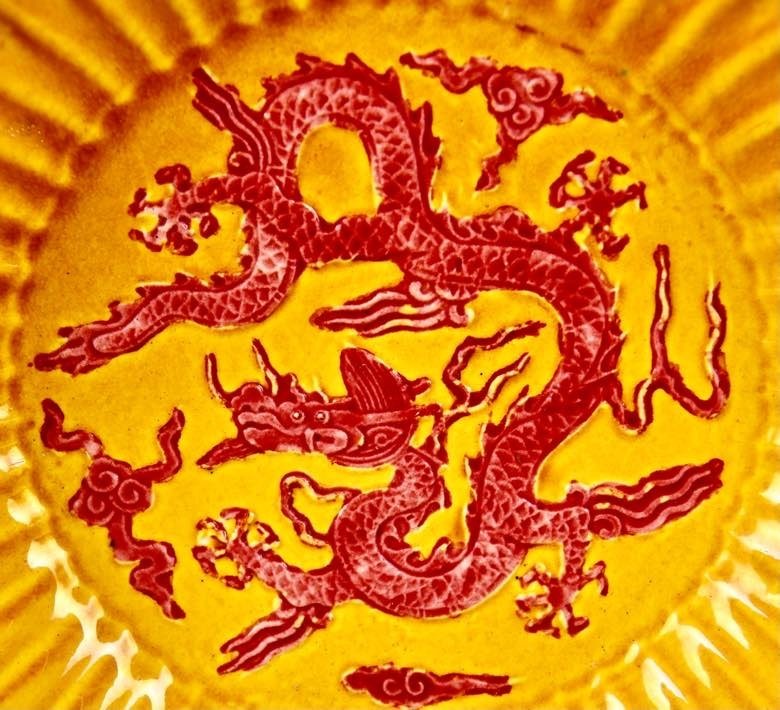 8'' Yongle Yellow Glaze Porcelain Dragon Totem Pattern Pen wash Tray Dish Plate
