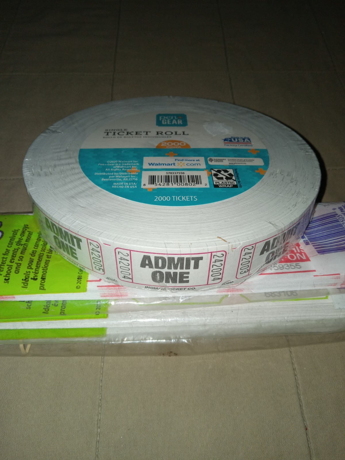 750 Raffle Tickets Flat Double Stub 50/50 & Roll of 2,000 Admit One Tickets