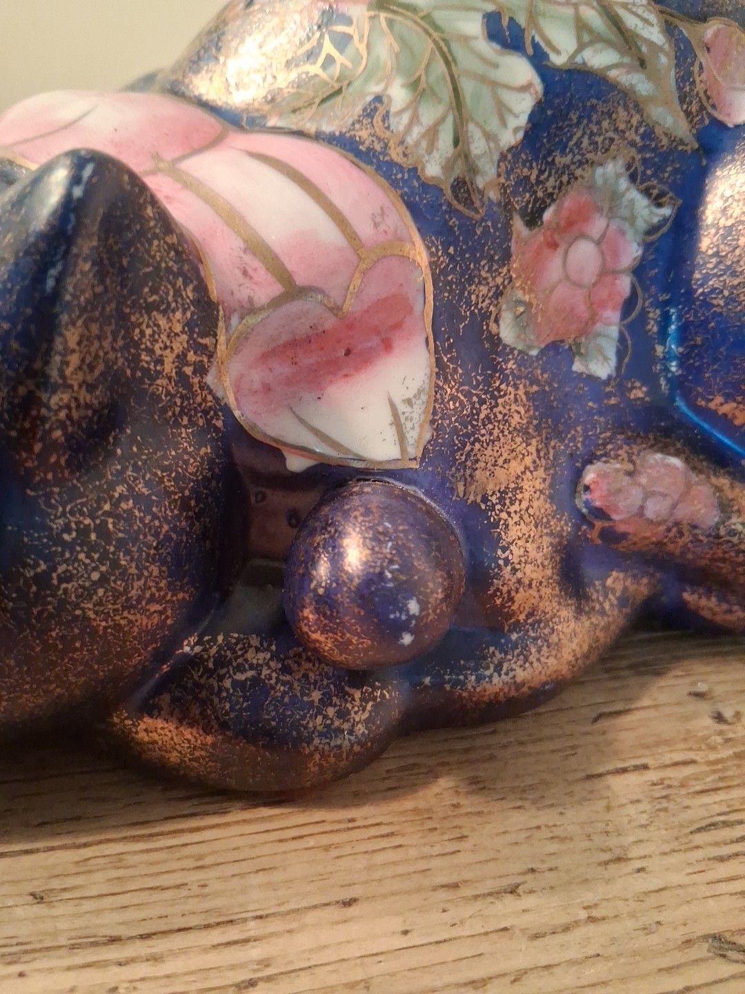Vintage Asian Sleeping Cat 9.5" Floral Gilded Ceramic Porcelain Hand Painted