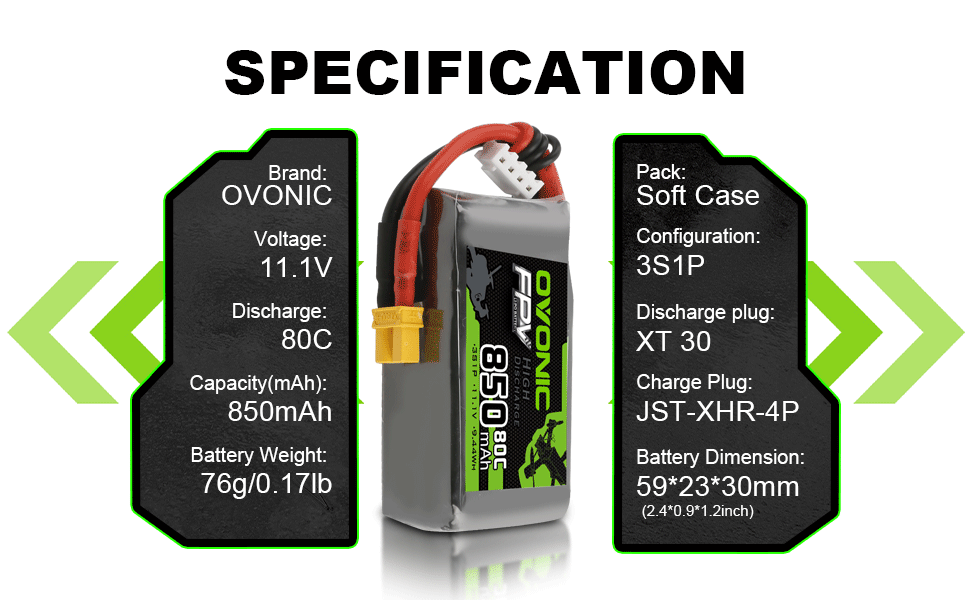 2x Ovonic 11.1V 80C 3S 850mAh Lipo Battery XT30 For FPV Drone Heli Airplane