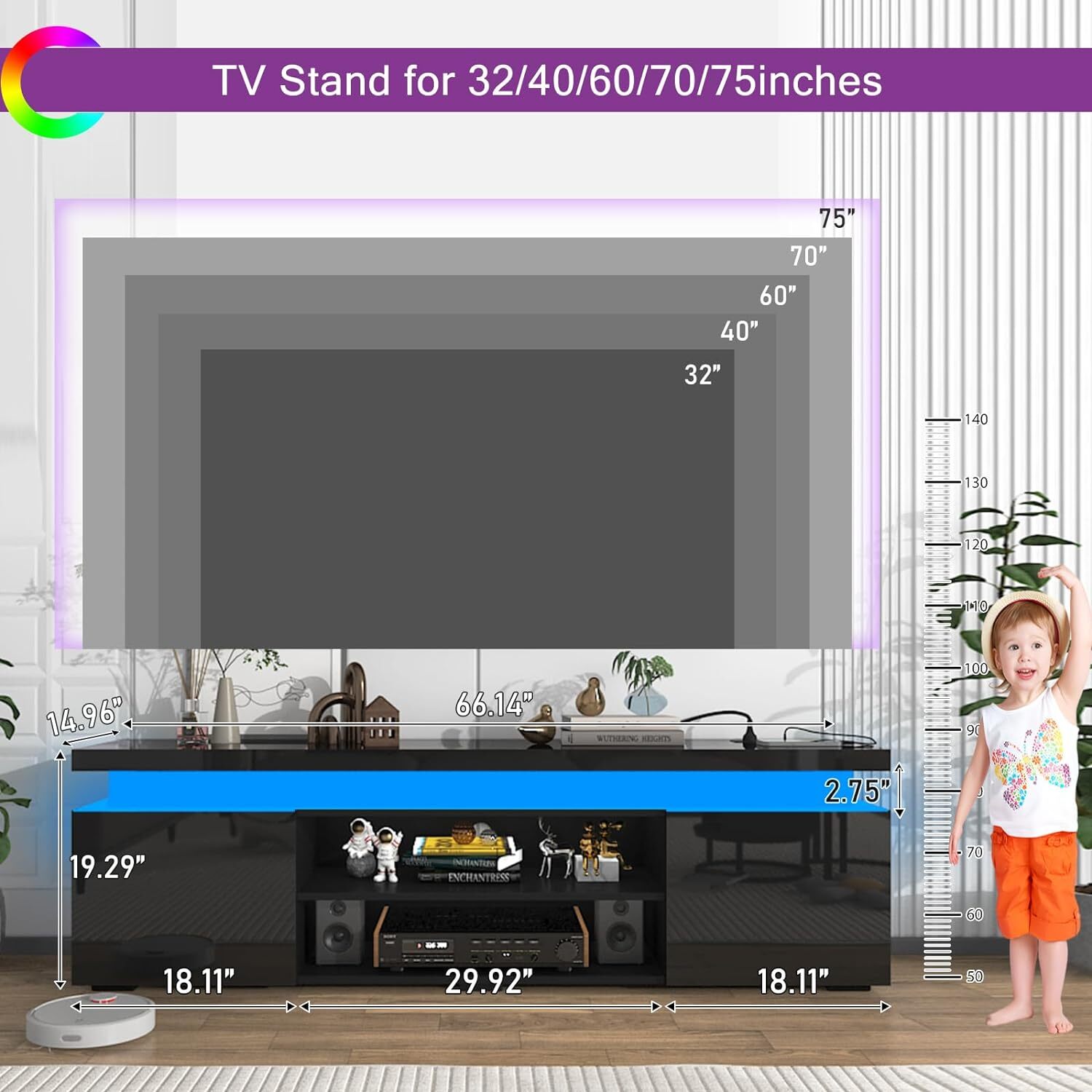 66"/75" Modern High Gloss LED TV Stand, Entertainment Center for 75"/85" TV