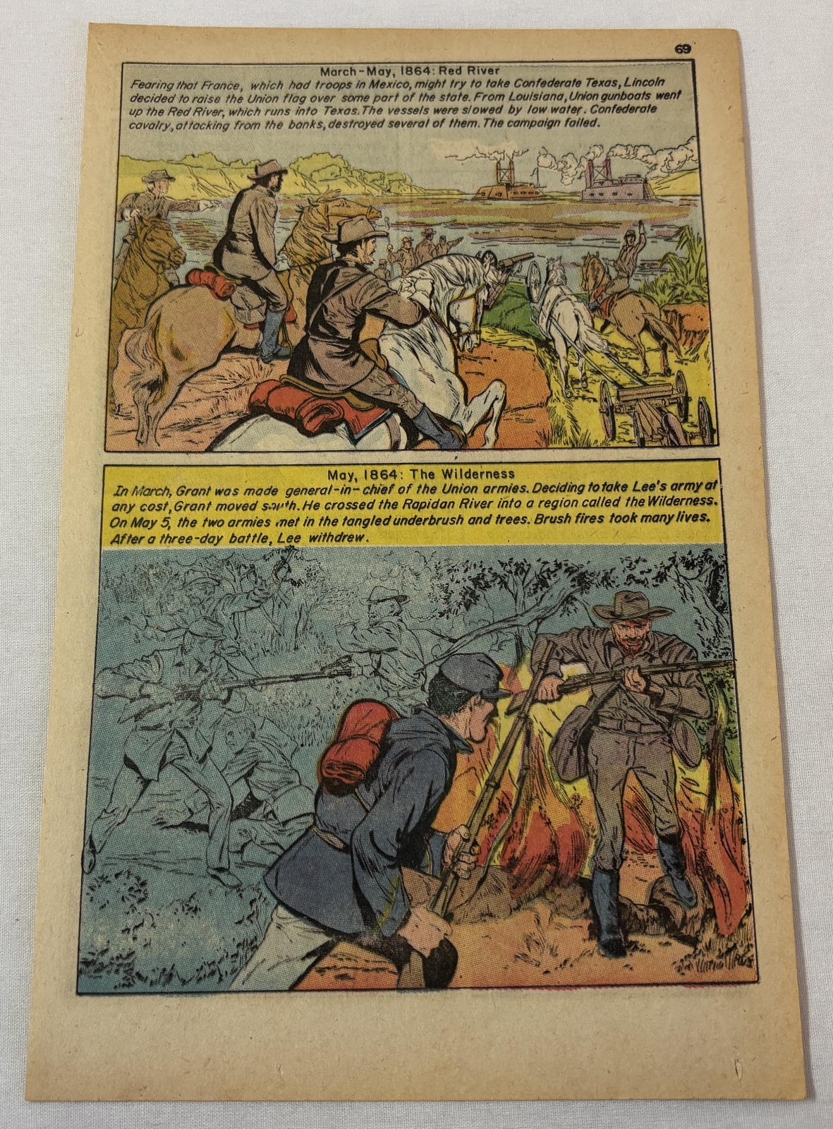 1961 Civil War cartoon page ~ BATTLES OF RED RIVER AND THE WILDERNESS ~ 1864