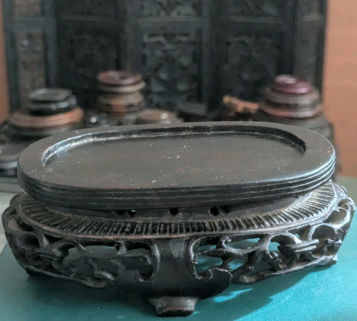 Vintage Chinese Carved Openwork Wood Display Stand Vase Base