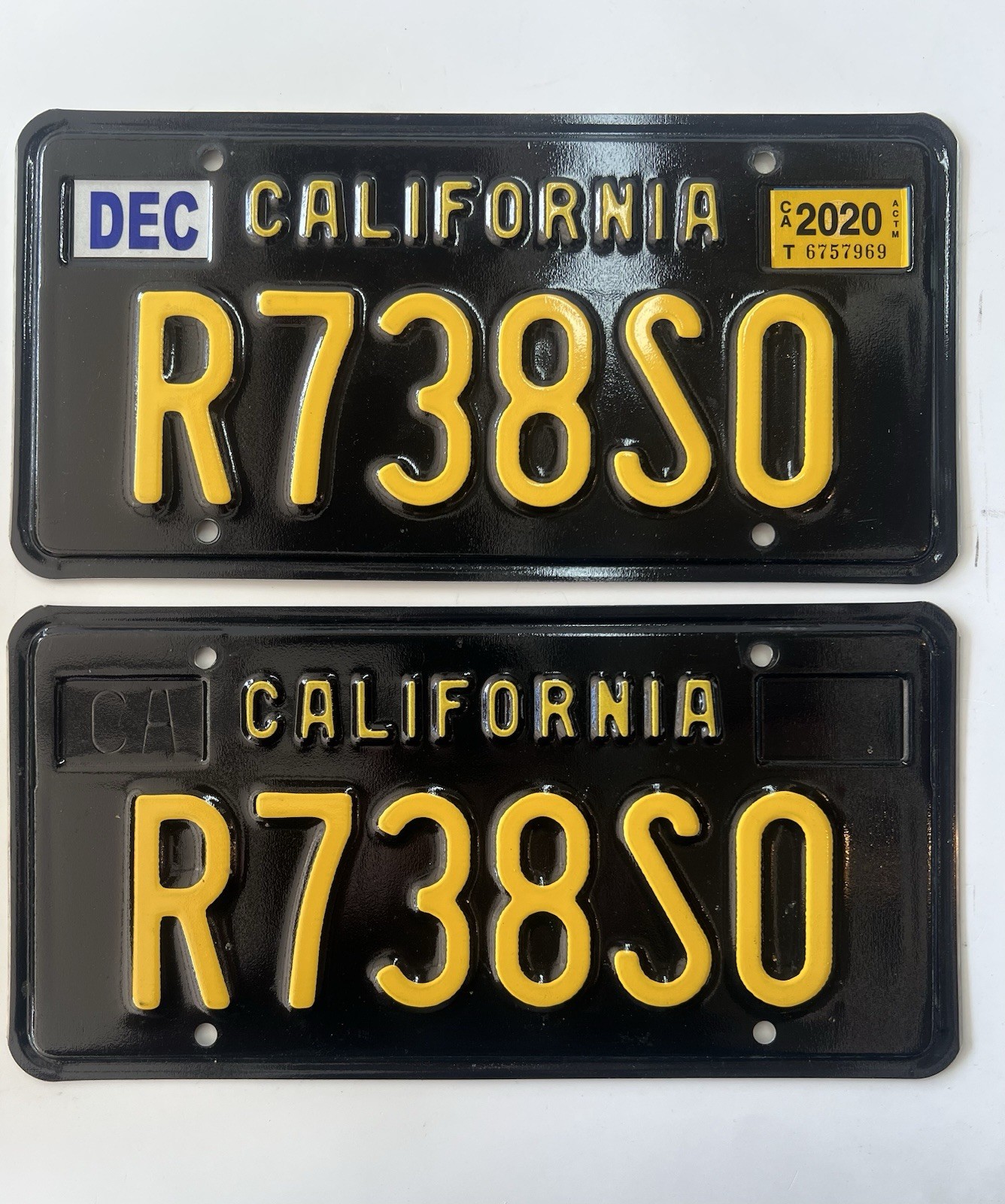 Pair California Black License Plates R738S0 Matching Set Embossed Man Cave Displ