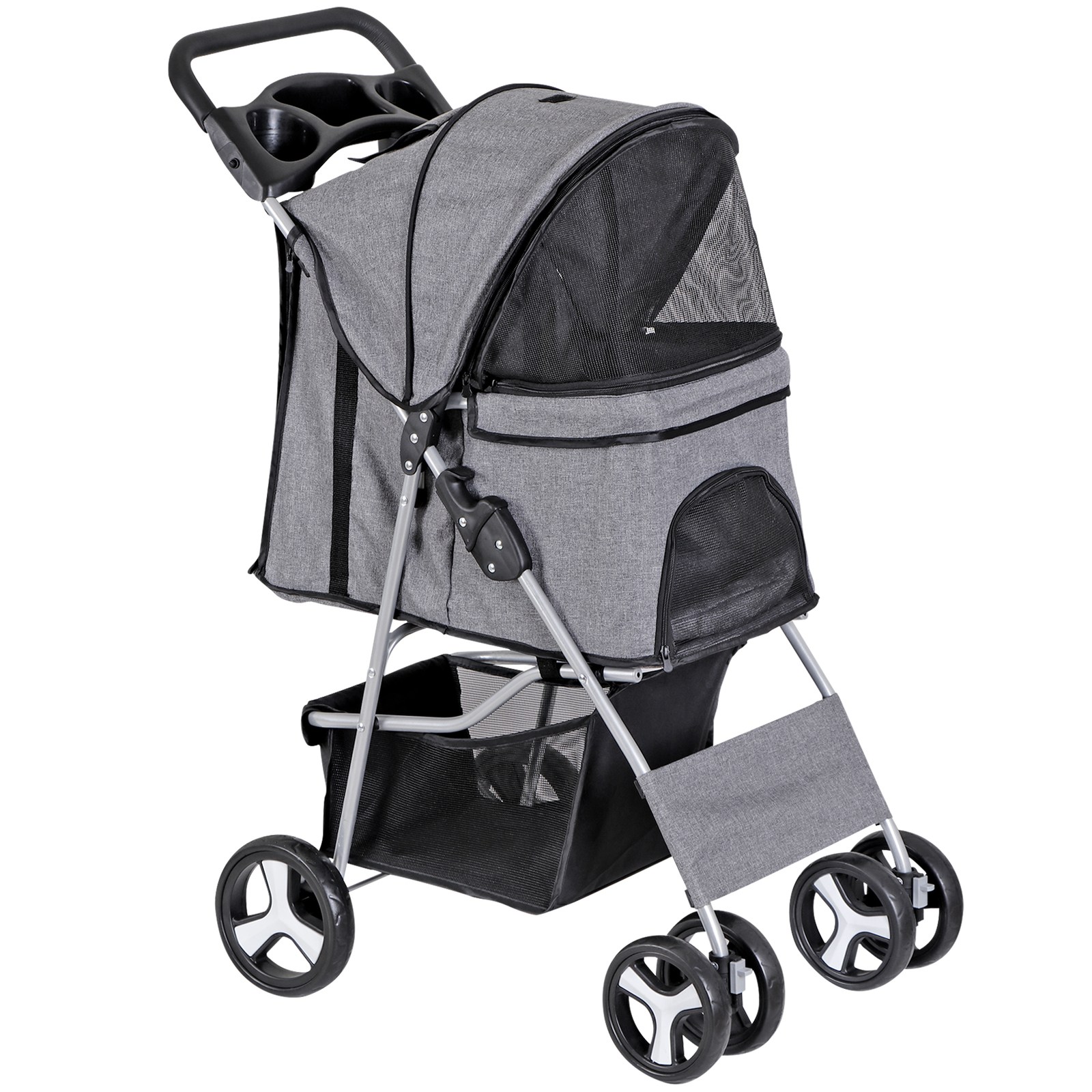 4-Wheels Pet Stroller Dog Stroller Foldable Cat Carrier Jogger w/Cup Holder Gray