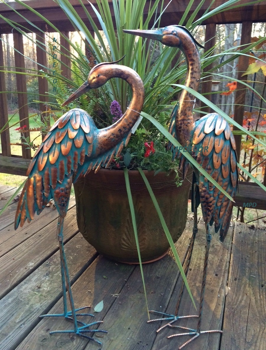 Copper Patina Garden Heron Pair Metal Statues Bird Art Sculptures Crane 27.5"H