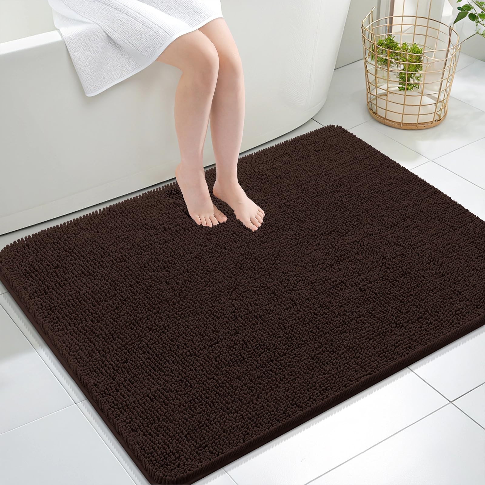 OLANLY Bathroom Rugs 40x32, Extra Soft Absorbent Chenille 40" x 32", Brown