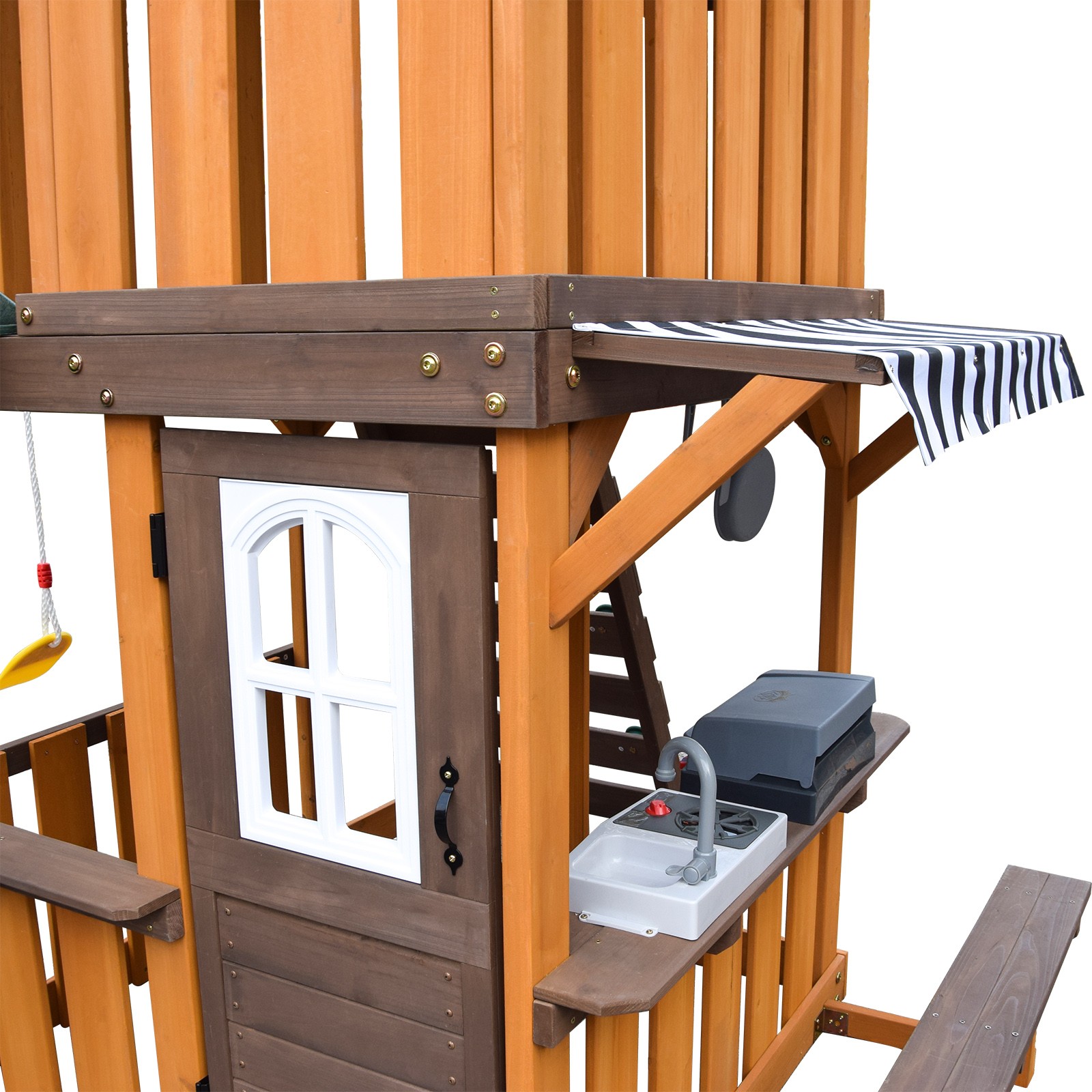 Large Wooden Kids Swing Slide Set Playhouse Kitchen,Rock Wall Outdoor Playground