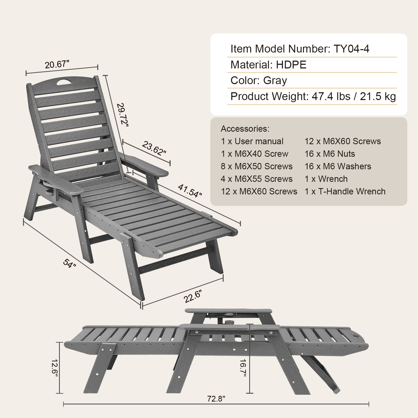 Outdoor Chaise Lounge Chair Adjustable Patio Reclining Bench Lounger Pool Gray
