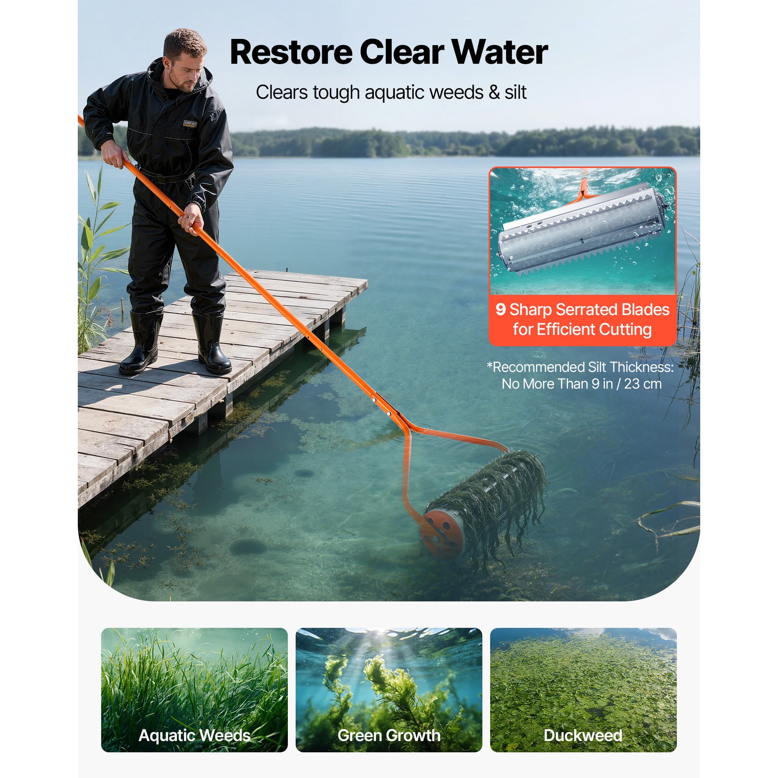 Uimoso Lake Weed Roller and Rake Tool,18ft for Clearing Weeds in Lakes and Ponds