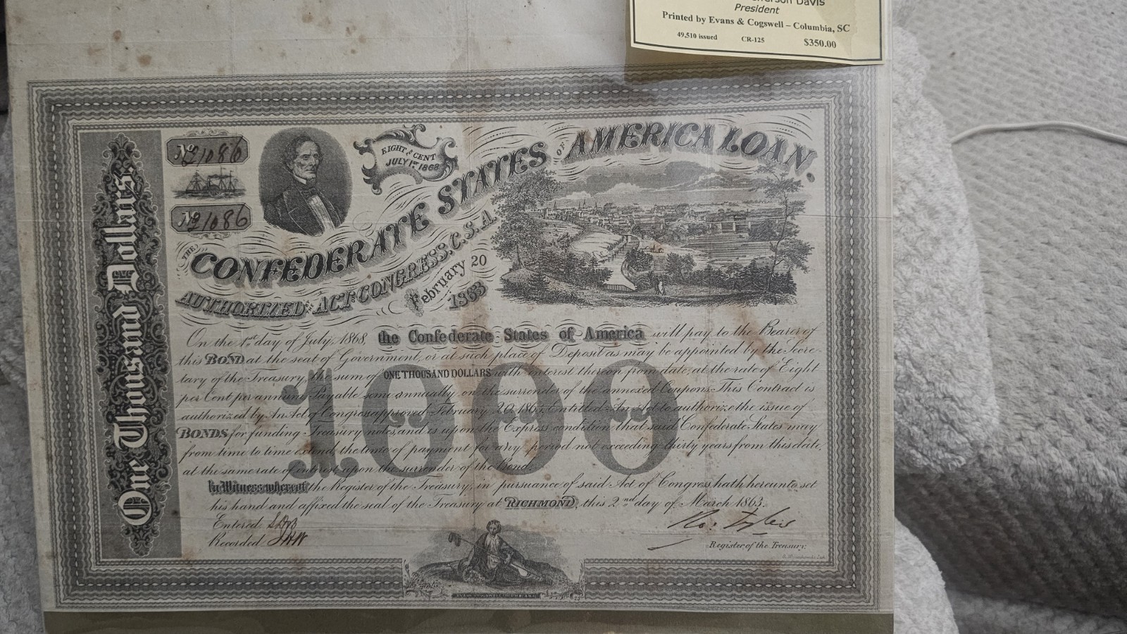 1863 $1000 Confederate States of America Bond CR-125