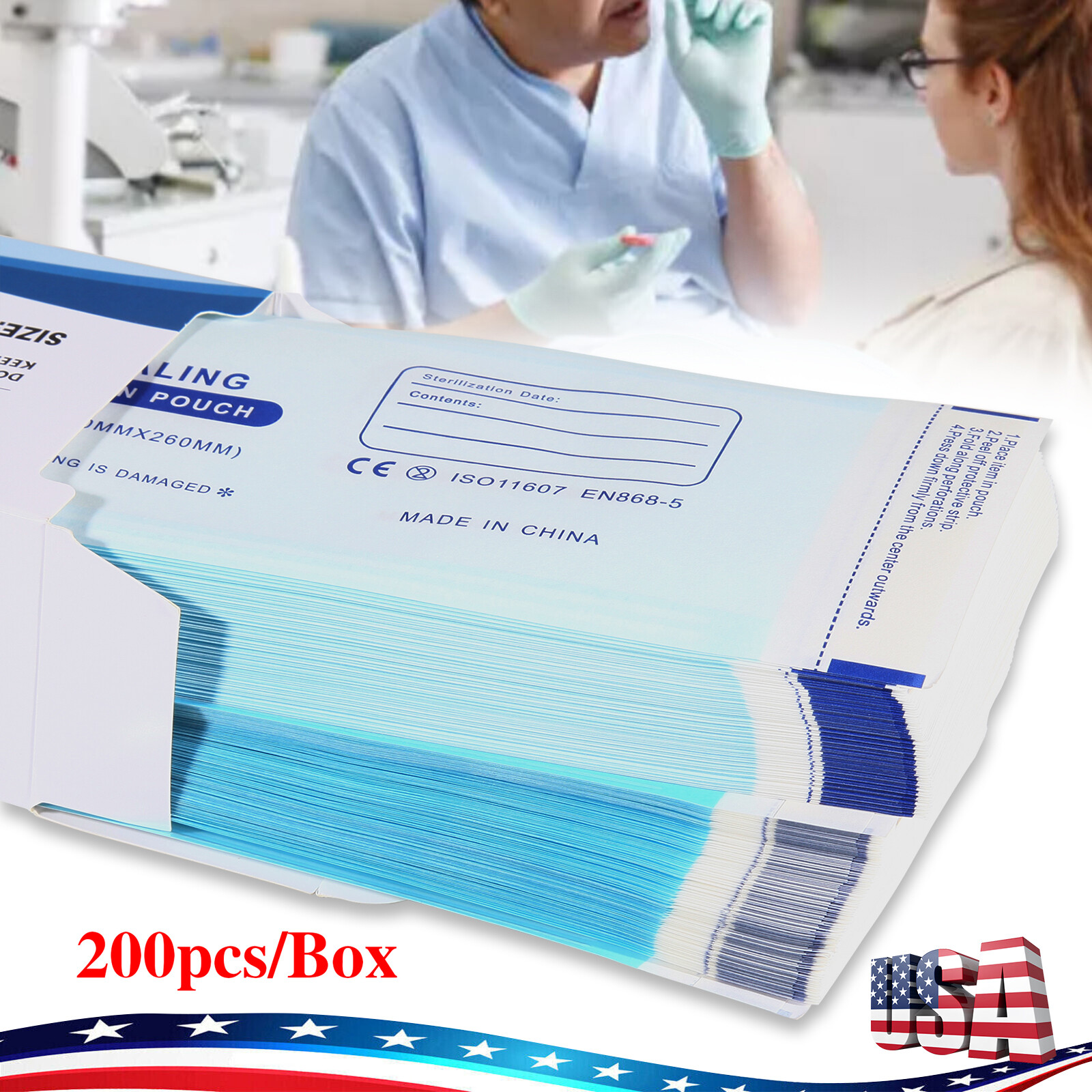 200 pcs 3.5" x 10" Self-Sealing Sterilization Pouches Sterilizer Bags Autoclave