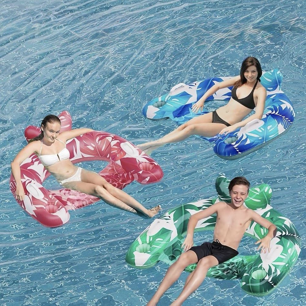 3 Pack Inflatable Pool Float Chairs with Cup Holders & Handles, Mixed Colors