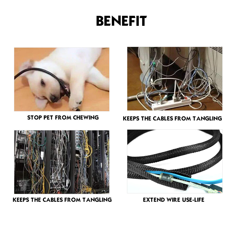 Split Braided Cable Sleeve Self-Wrap Wire Loom for Auto Harness Protection Black