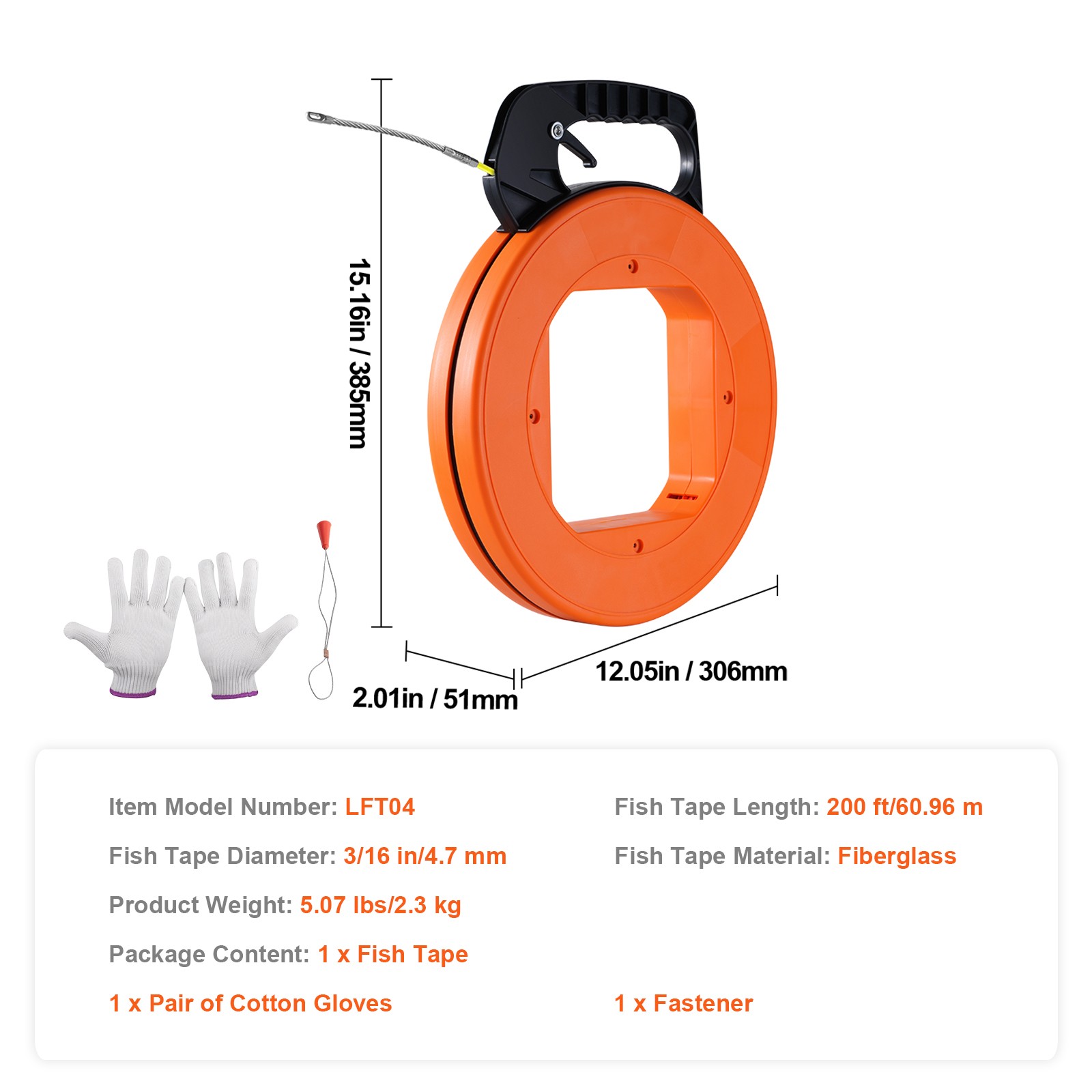 Fish Tape Wire Cable Line Puller 200ft 3/16in Fiberglass High Plastic Case