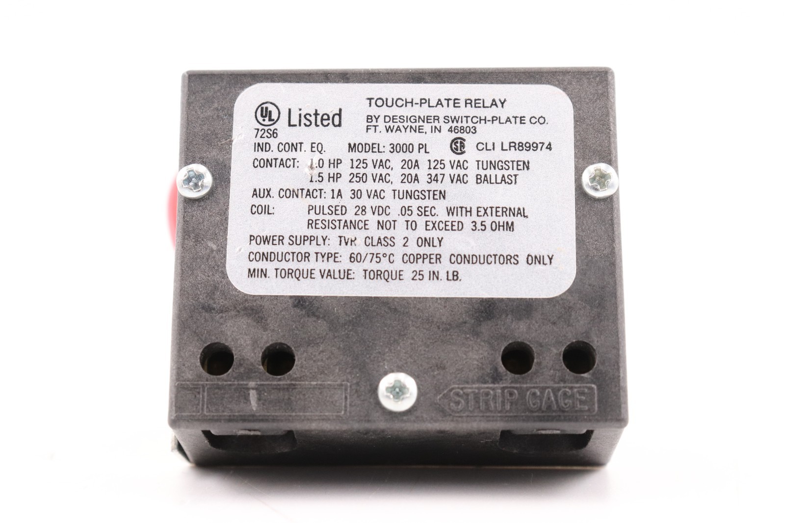 TOUCH-PLATE RELAY 3000PL	1.5HP 250V 20A 347V BALLAST, POWER SUPPLY: TVR CLASS 2