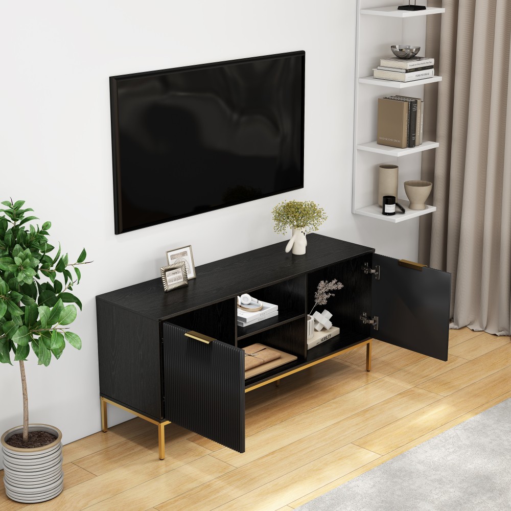 Mid Century Modern TV Stand w Wave Doors Gold Legs Soft Close