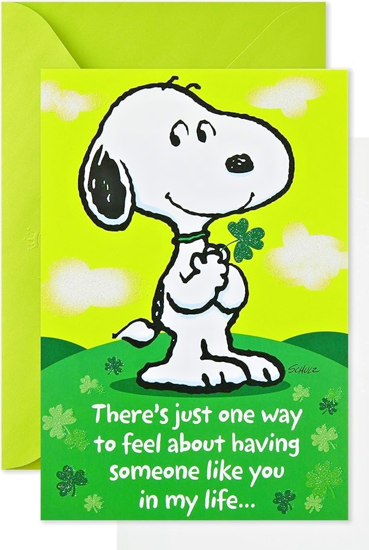 Hallmark Snoopy holding a four-leaf clover St Patrick's Day with envelope