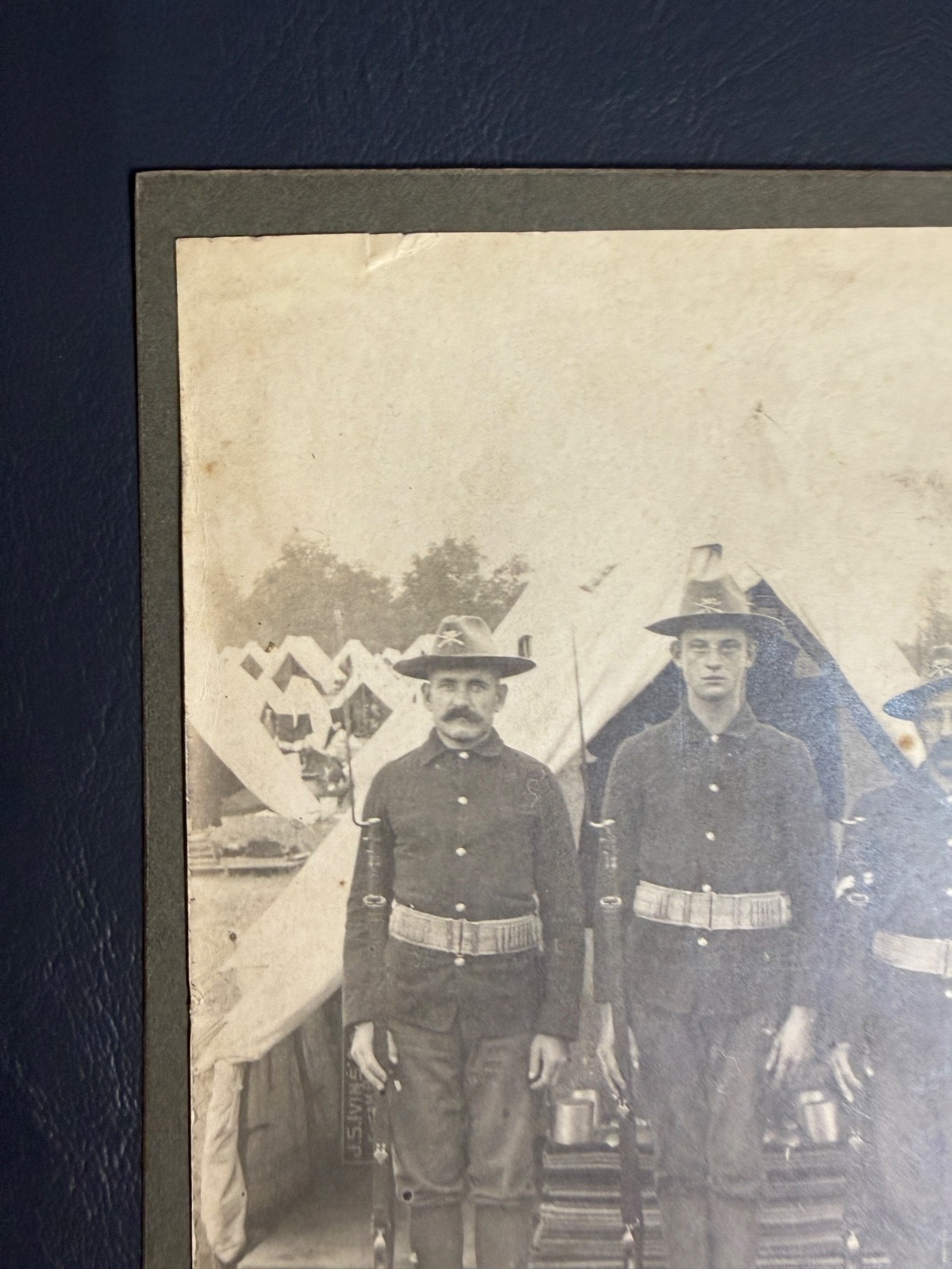 Antique Photo WWI Era US Military Soldiers Campaign Hats Tent Camp USMC Rifle