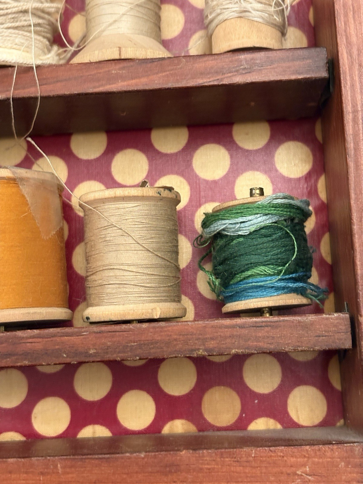 Vintage Case Full Of Wooden Spools Of Thread