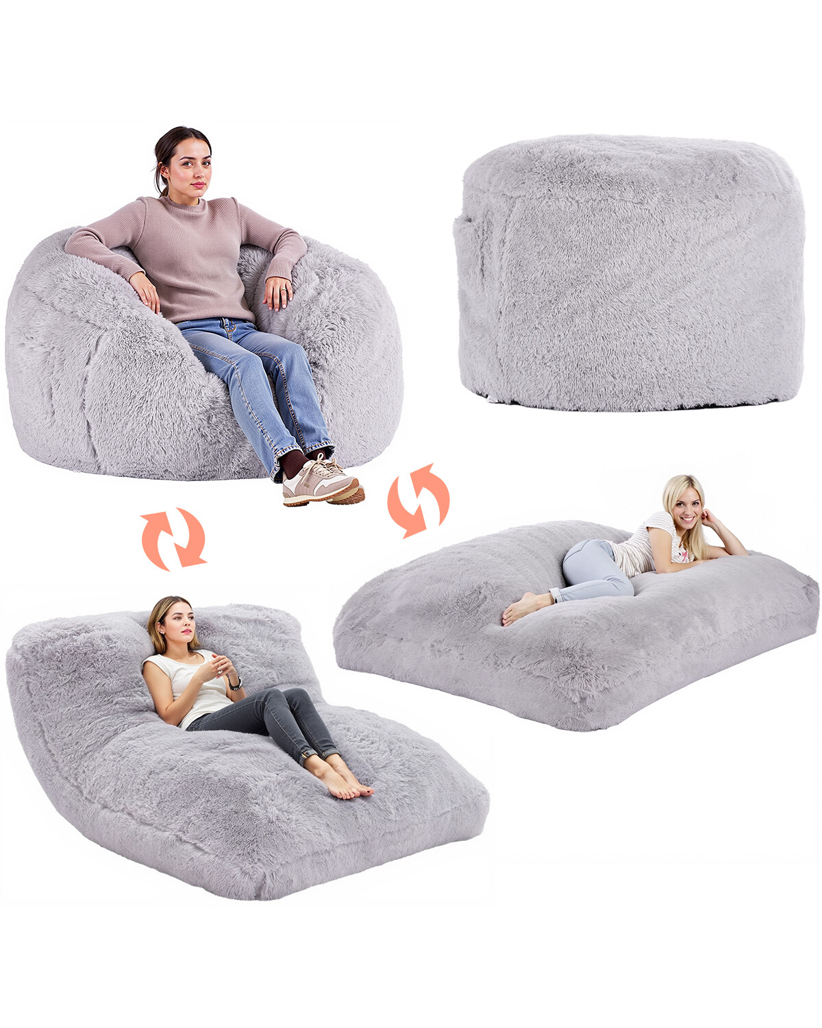 Bean Bag Bed Chair Convertible from Chair to Lounge or Mattress Grey-Queen