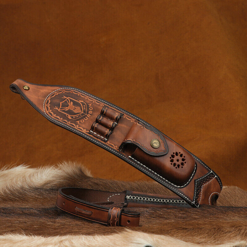 Tourbon Retro Leather Rifle Sling Gun Ammo Carrying Strap w/Knife Sheath Pocket