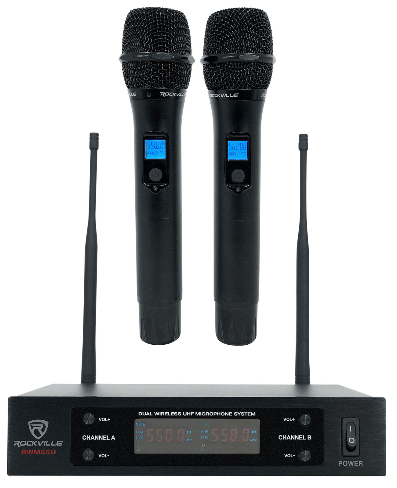 Rockville Dual UHF 15-Ch Metal Handheld Wireless Vocal Karaoke Microphone System