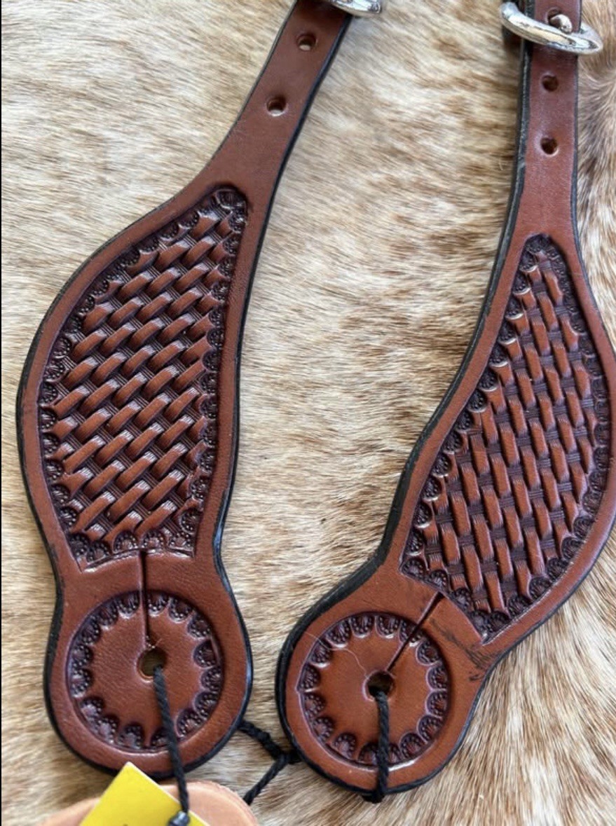 Adult Size Basketweave Tooled Top Grain Leather Western PAIR Spur Straps