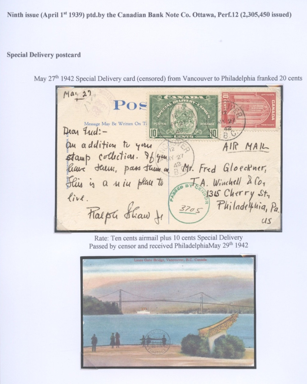 🍁 Scarce to RARE Sp. Del Airmail Post card to USA Censored  cover Canada