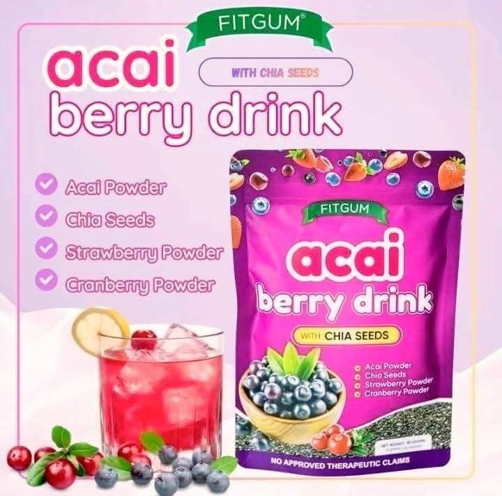 FITGUM Acai Berry Drink Powder with Chia Seeds 10 Sachets Daily Beverage