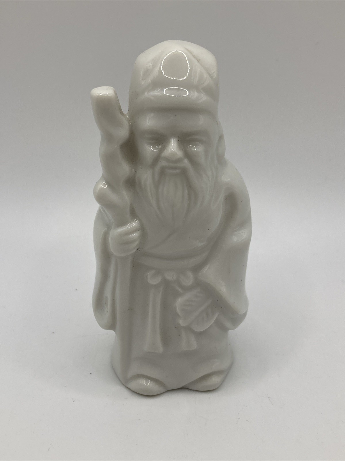 Vintage Old Wise Man Monk With Stick White Glazed Figurine Japan 3.75”