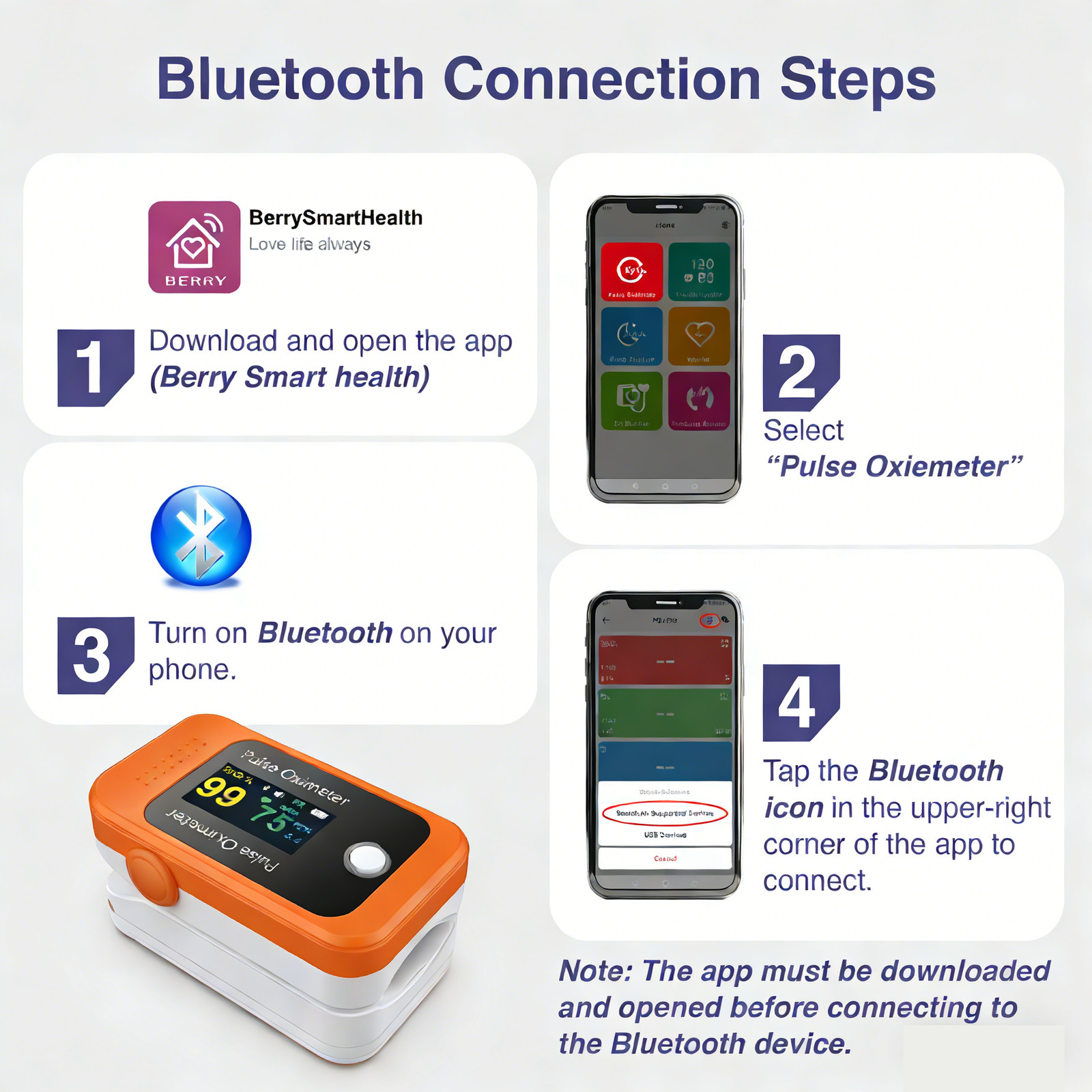 Accurate Pulse Oximeter BM1000C Blutooth Pulse Rate Spo2 Monitor Finger Oximetro