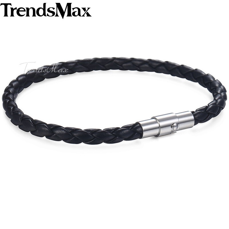 4mm Black Braided Cord Rope Leather Bracelet Unisex Mens Stainless Steel Clasp
