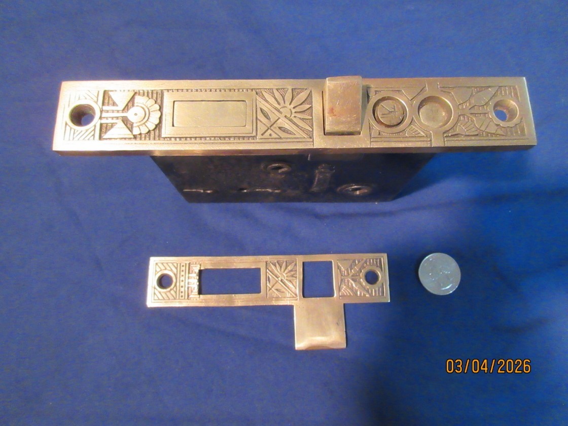Antique Ornate Nashua Entry Mortise Lock Latch w/ Strike Plate 1885 Bronze