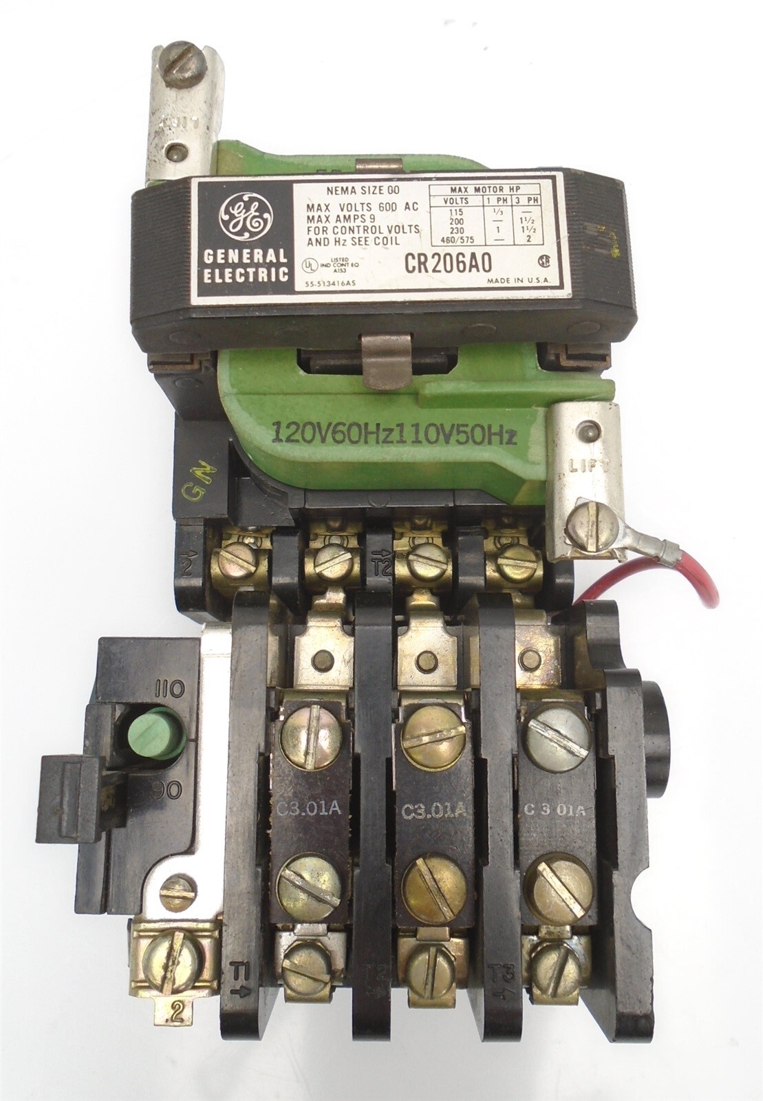 GE - CR206A0 - SIZE 00 STARTER CONTACTOR 9A - 115-575V - 1/3-2HP - 110/120V Coil
