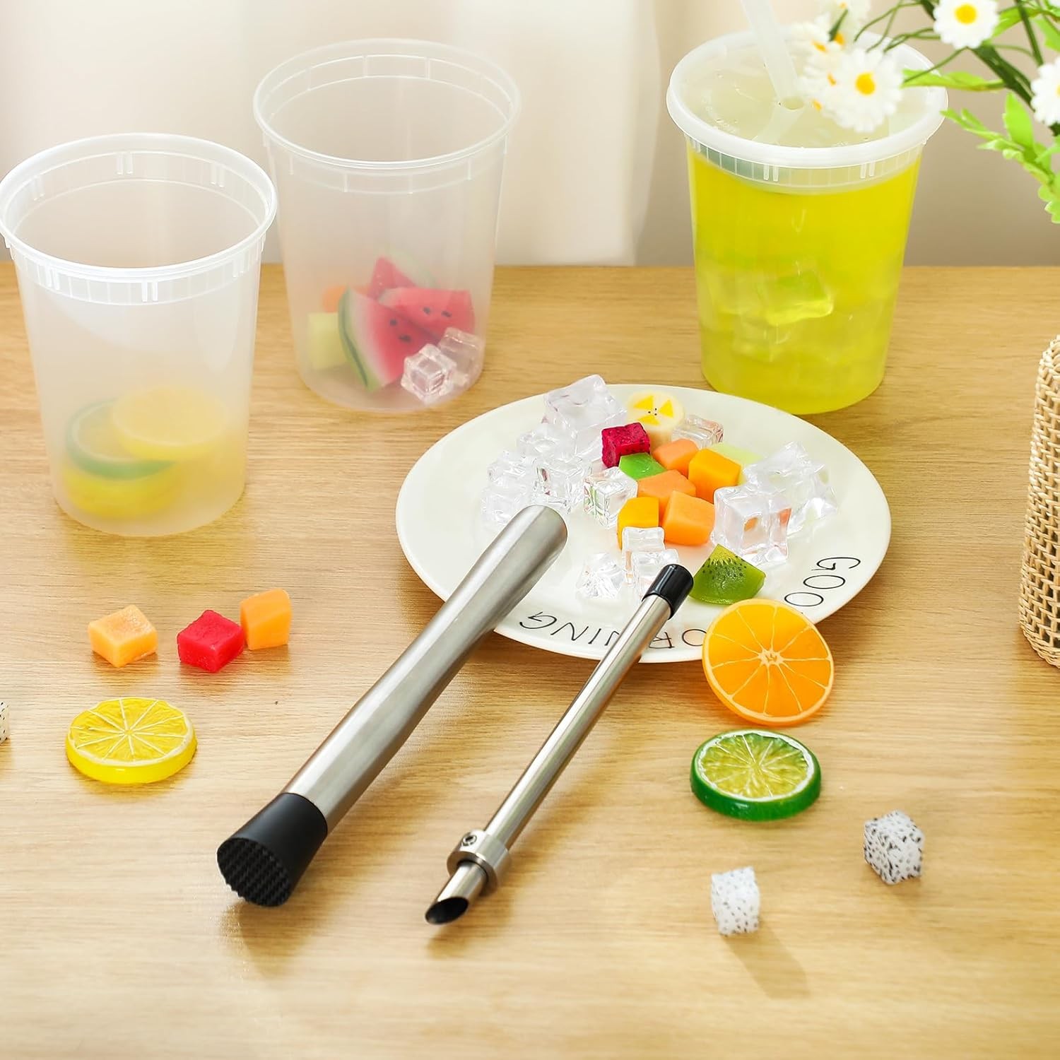 2 Pcs Straw Puncher and Muddler for Lemonade Plastic Lids Cups, Silver