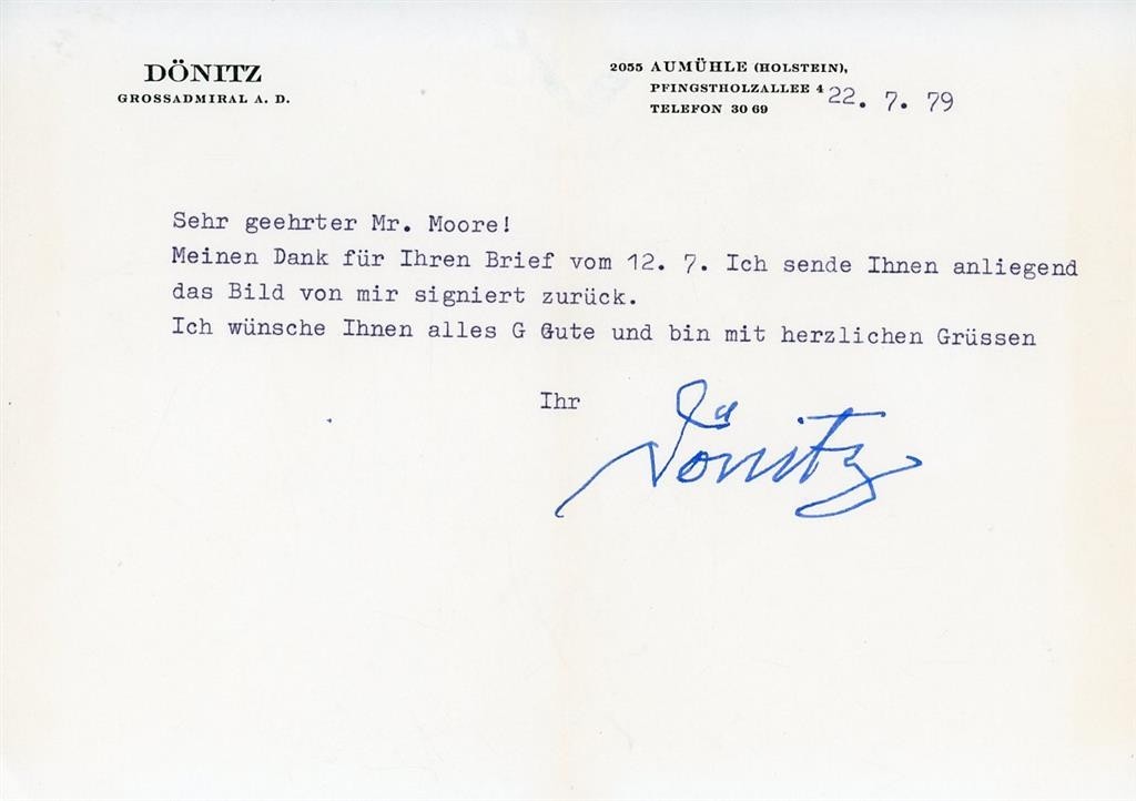 Karl Dönitz-Signed TLS 1979 (Grand Admiral, Pres. of Germany, U-Boat)
