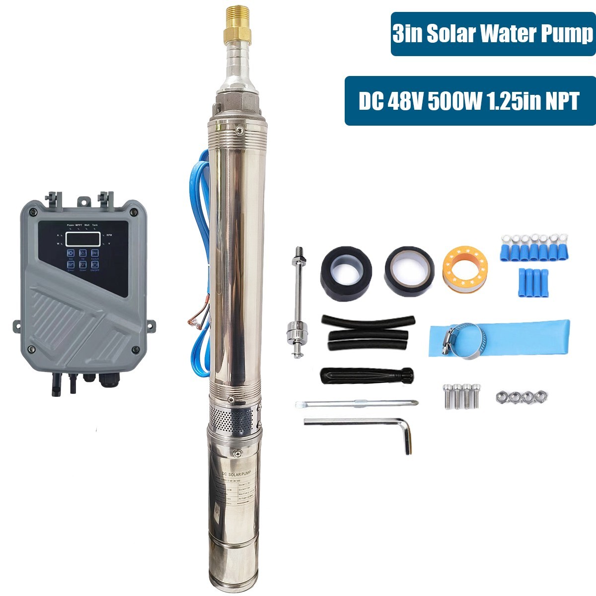 DC 48V 3" Solar Pump Submersible Pump Bore 500W Deep Well Pump + MPPT Controller