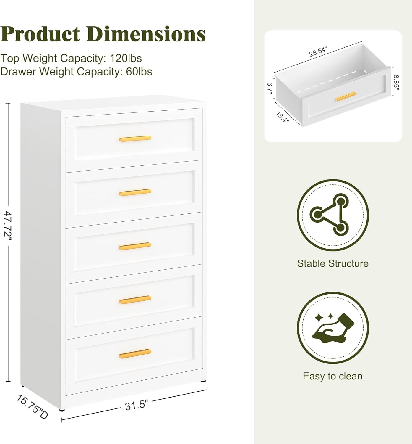 Cofar 47.72" Metal 5 Drawer Tall Dresser Storage Cabinet For Bedroom,Livingroom