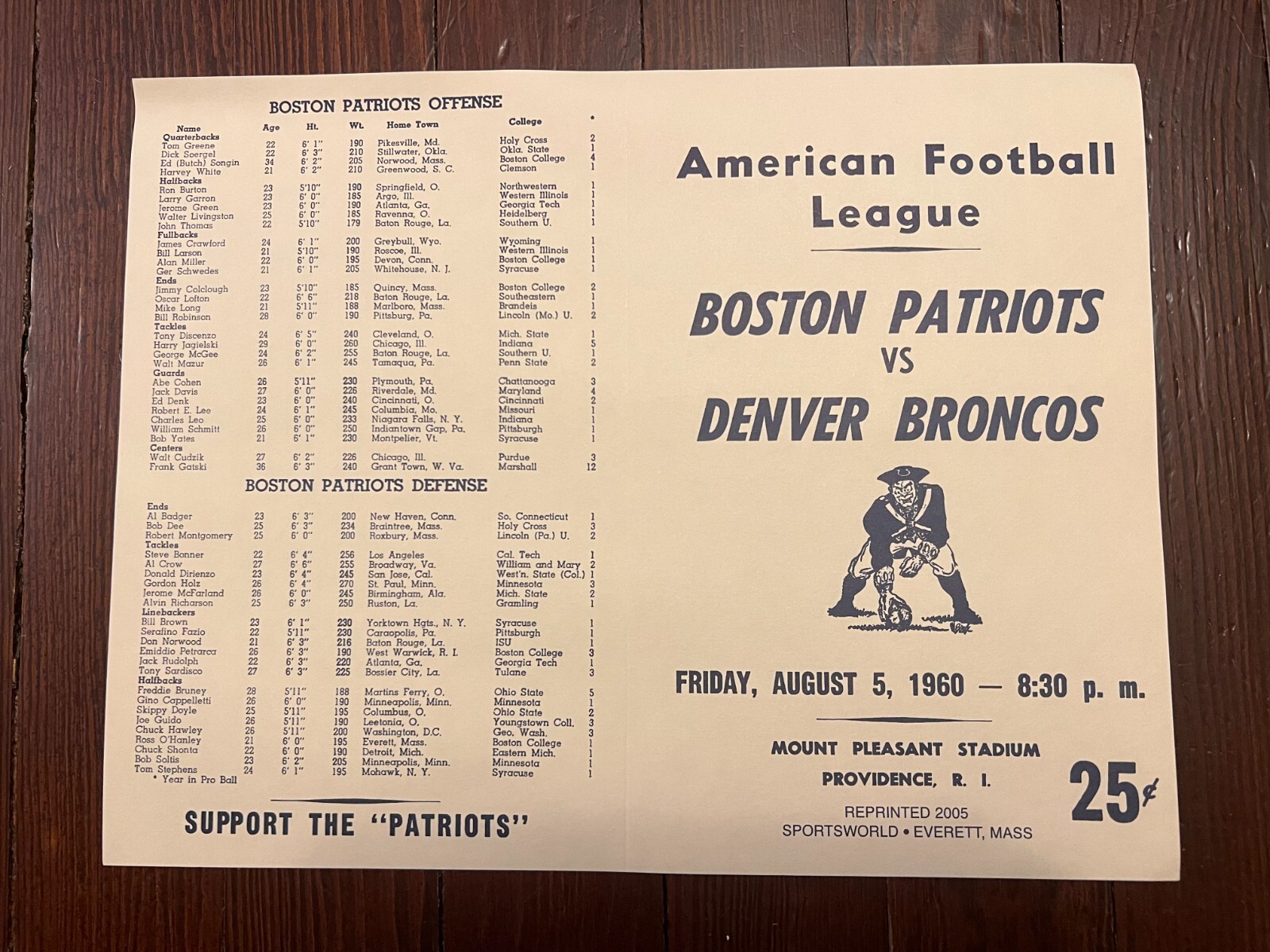 1960 AFL FOOTBALL GAME PROGRAM - DENVER BRONCOS @ BOSTON PATRIOTS REPRINT